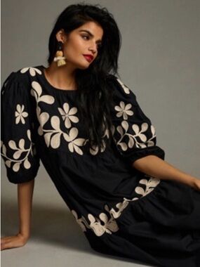 Anthropologie Embroidered Puff Sleeve Midi Dress